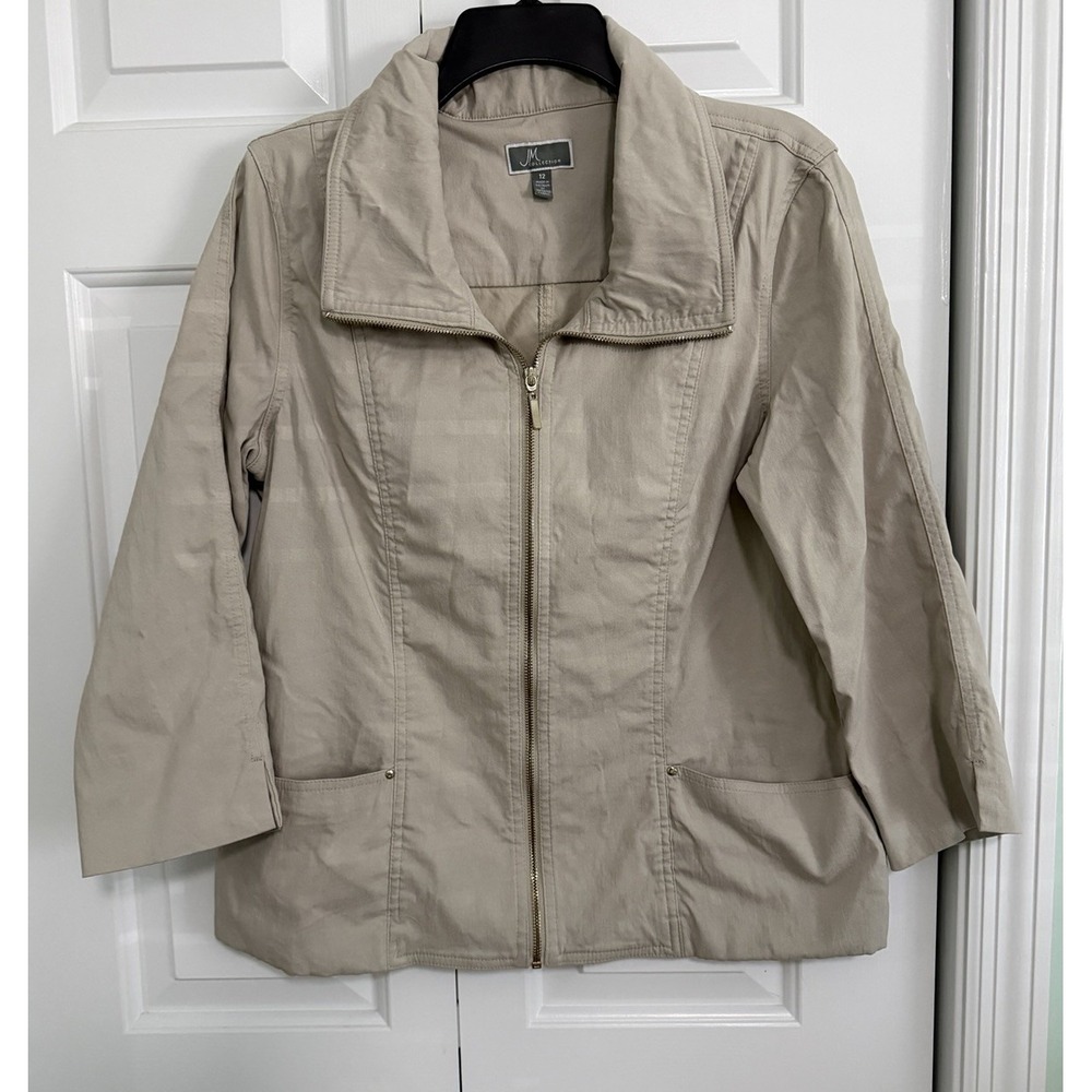 JM Collection white Zipup Jacket Front Pockets Sz 12 with 3/4‎ sleeve Tan Beige